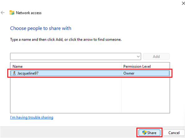 Choose the user to share with (yourself) and confirm the sharing settings.